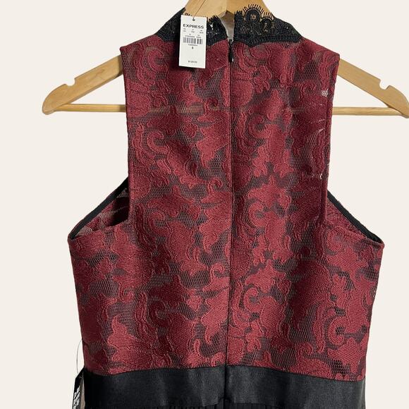 Express Black Red Lace Pleated Sleeveless Cocktail Midi Dress Size 6 - Picture 4 of 10